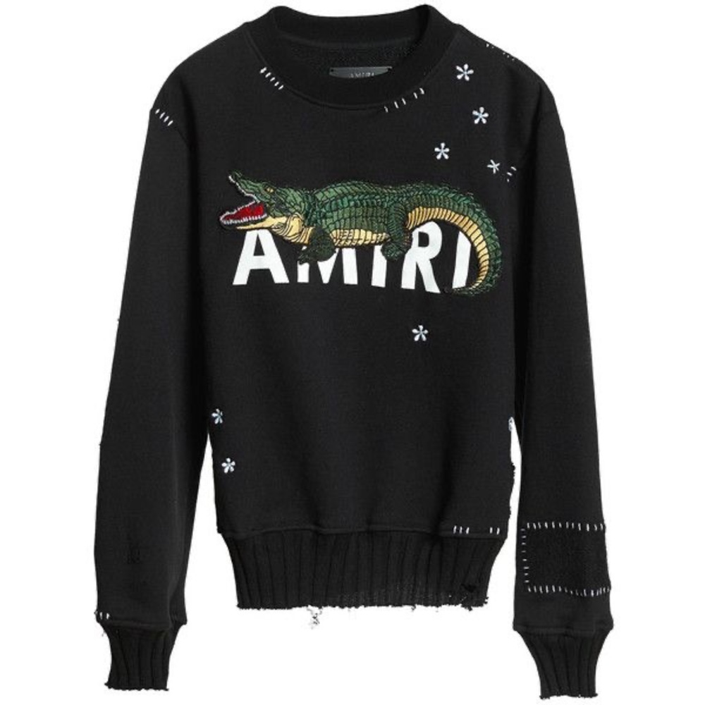 $975 AUTHENTIC AMIRI LOGO ALLIGATOR DISTRESSED SWEATER SWEATSHIRT BLACK SIZE M